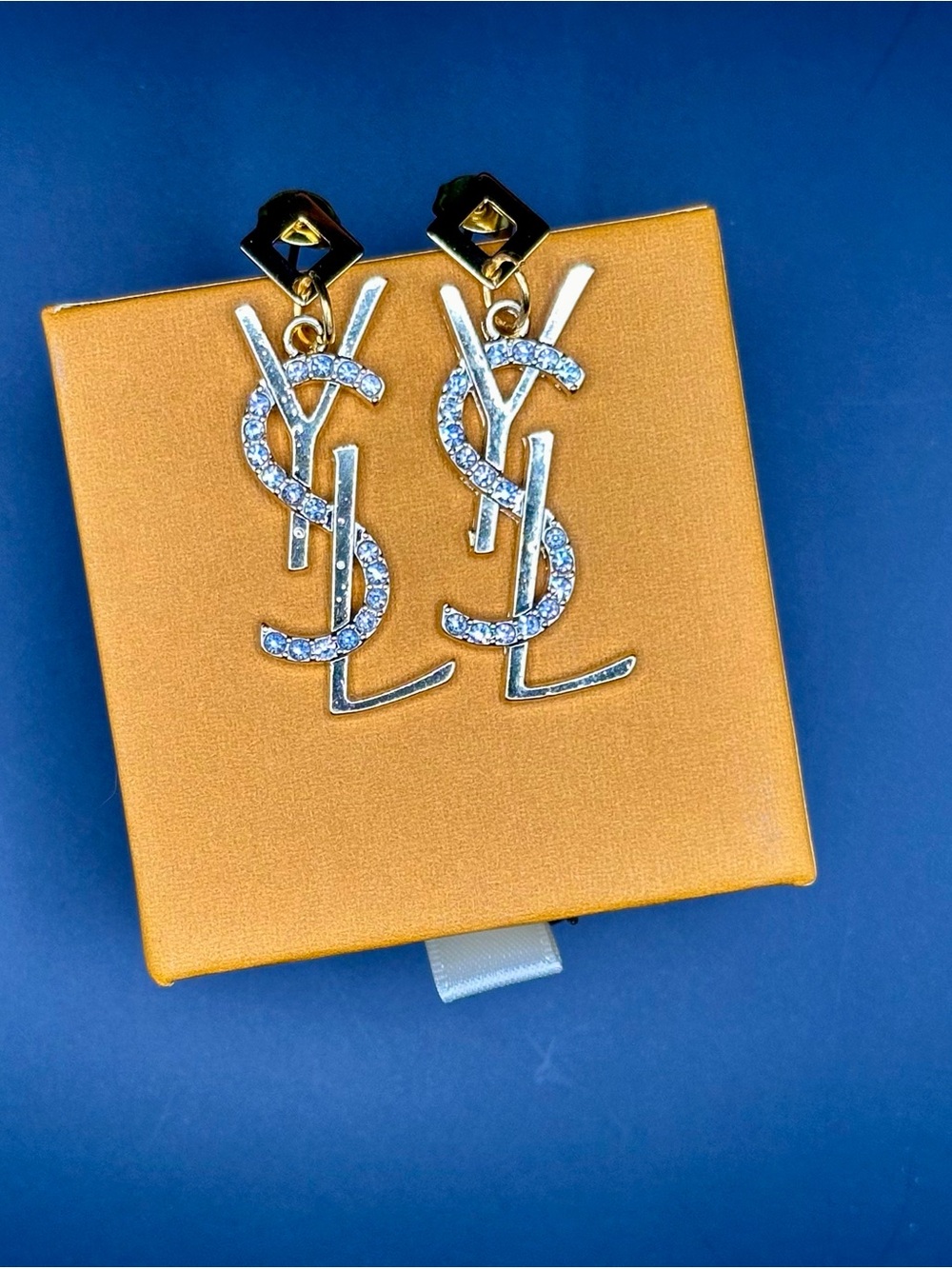 YSL Crystal Logo Drop Earrings - Gold & Clear